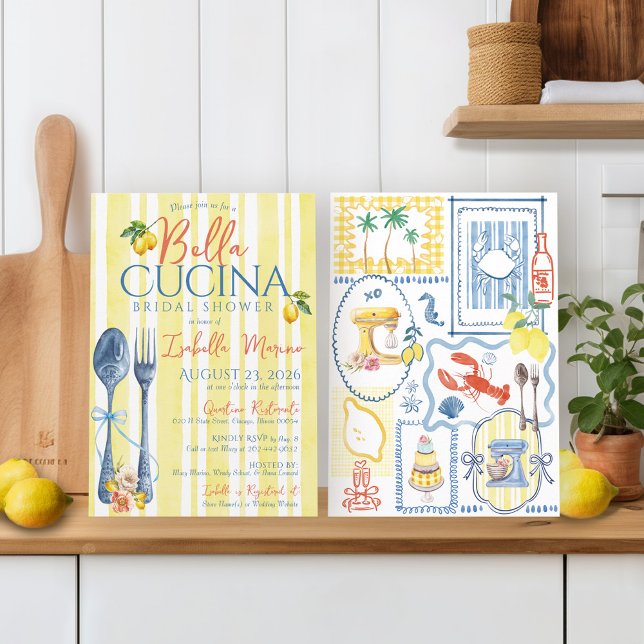 Convite Chá de panela de Bella Cucina, azul-limão italiano (Italian lemon yellow coastal chic blue and coral Bella Cucina fork spoon kitchen bridal shower)