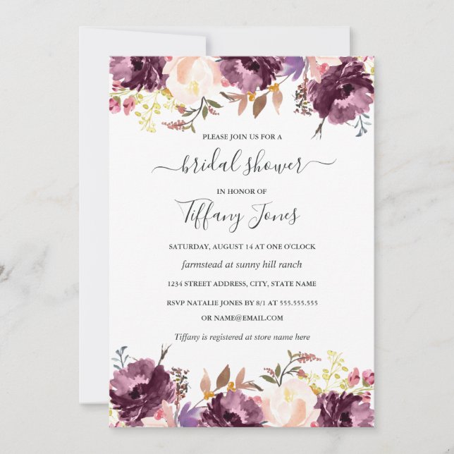 Convite Chá de panela de Bloqueio Floral Roxo com Aquarela (Frente)