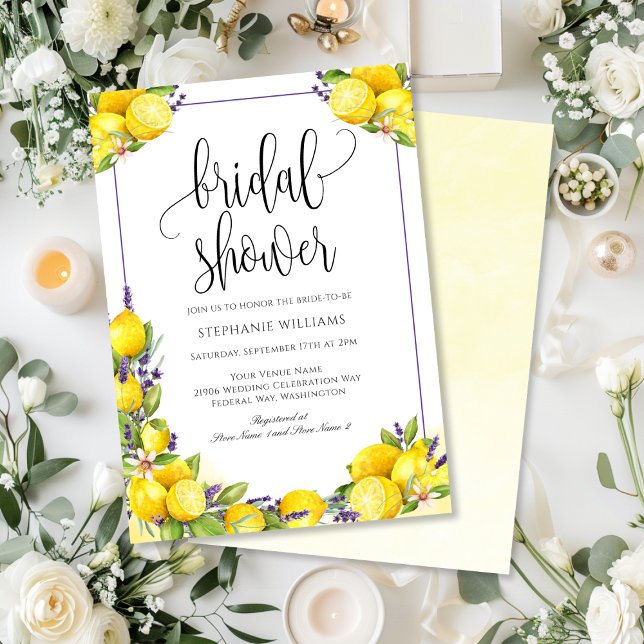 Convite Chá de panela de Boho de Lavanda de Limão de Aquar (Watercolor Lemon Lavender Boho Bridal Shower Invitation)