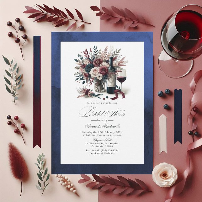Convite Chá de panela de Boho Floral de Burgundy e Marinho (Burgundy and Navy Floral Wine Boho Bridal Shower Invitation)
