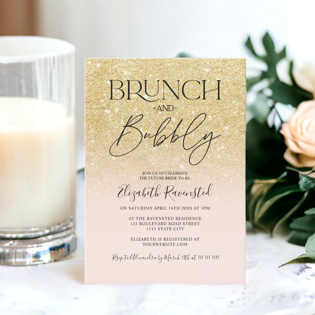 Convite Chá de panela de bolha de mastigação chic gliter d (Chic gold glitter chic brunch bubbly bridal shower invitation)