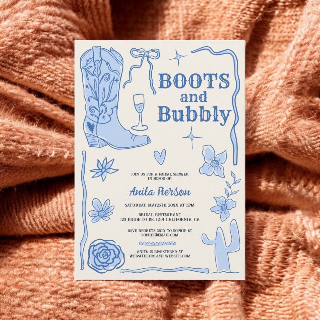 Convite Chá de panela de bolhas azuis (Blue scribbles boots bubbly bridal shower invitation)