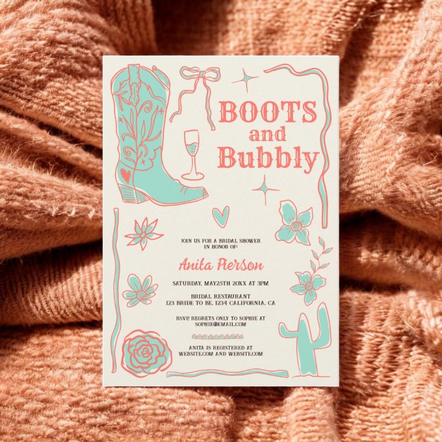 Convite Chá de panela de bolhas de coral (Coral scribbles boots bubbly bridal shower invitation)