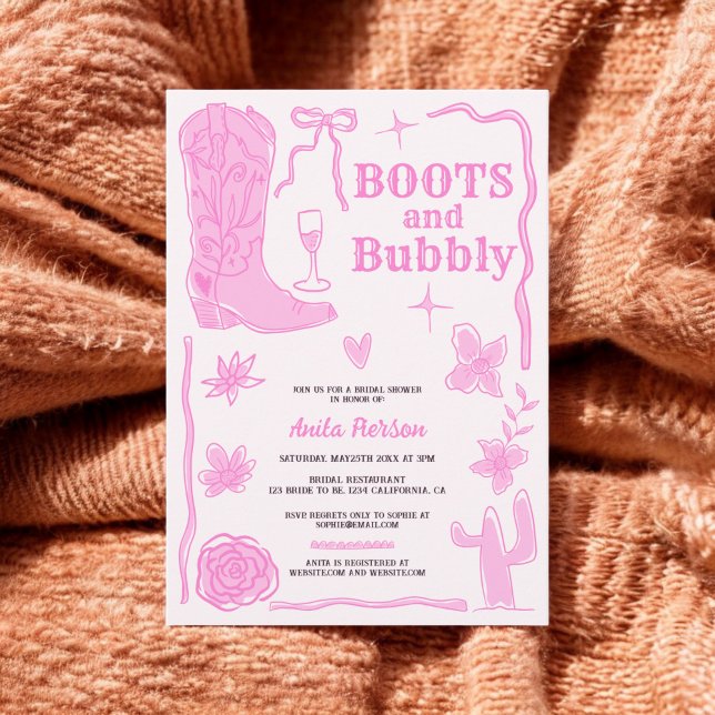 Convite Chá de panela de bolhas puxadas à mão (Handdrawn scribbles boots bubbly bridal shower invitation)