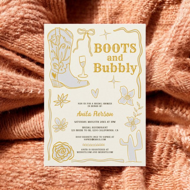 Convite Chá de panela de bolhas retrorreflectoras iniciali (Retro scribbles boots bubbly bridal shower invitation)