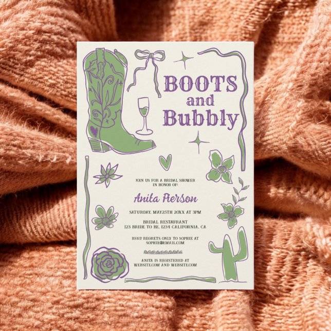 Convite Chá de panela de bolhas roxas verdes (Purple green scribbles boots bubbly bridal shower invitation)