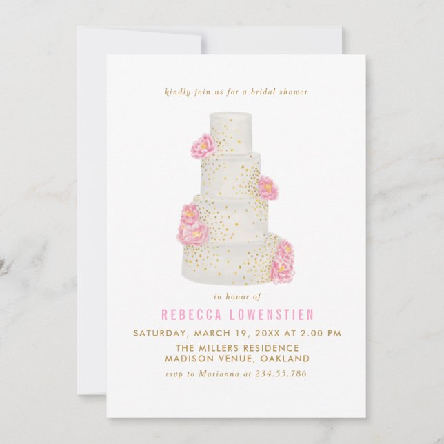 Convite Chá de panela De Bolo De Casamento De Watercolor (Frente)