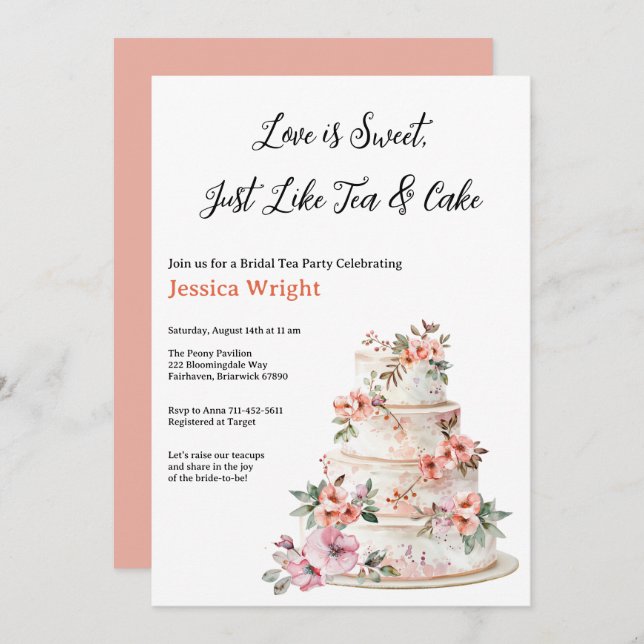 Convite Chá de panela de Bolo Floral Púrpura e Laranja (Frente/Verso)