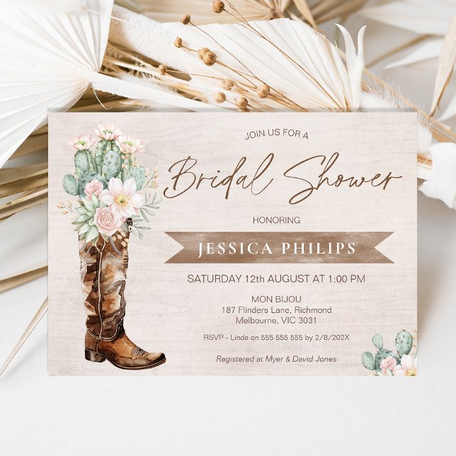 Convite Chá de panela de Boot Rustic Brown Western Cowgirl (Rustic Boho Beige Boot Brunch Bridal Shower Invitation Template, Cowgirl Boot Bridal Shower Invite)