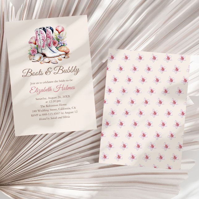 Convite Chá de panela de Boots and Bubble Costal Cowgirl (Boots and Bubbly Costal Cowgirl Bridal Shower Invitation on a white dry palm leaf.)