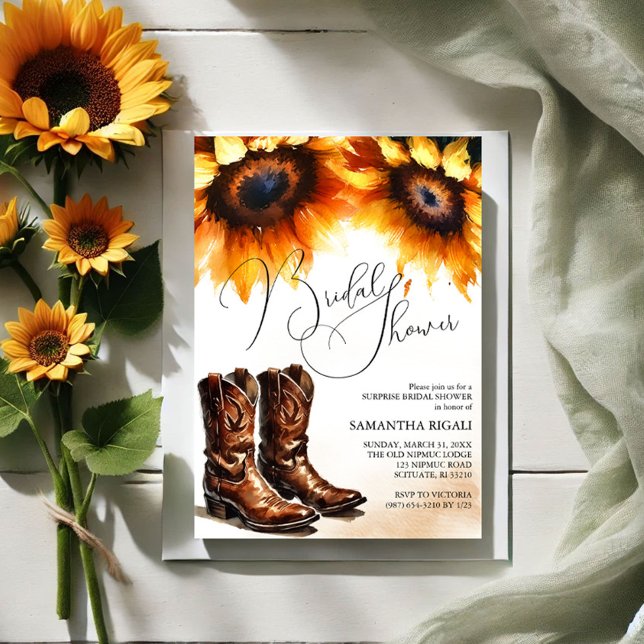 Convite Chá de panela de Boots do Cowboy Amarelo (Bridal shower invitations watercolor sunflowers and cowboy boots )
