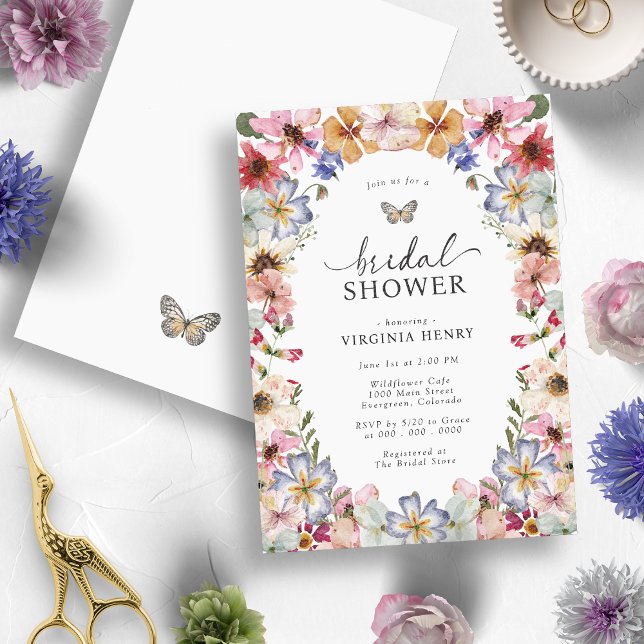 Convite Chá de panela de borboleta (Elegant Boho Wildflower Floral Butterfly Bridal Shower Invitation by Painted Papery
)