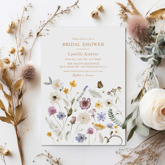 Convite Chá de panela de Borboleta de Flor Selvagem (Boho Wildflower Butterfly Bridal Shower Invitation)