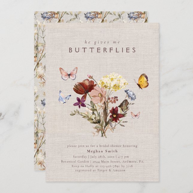 Convite Chá de panela de Borboleta de Flores Selvagem (Frente/Verso)