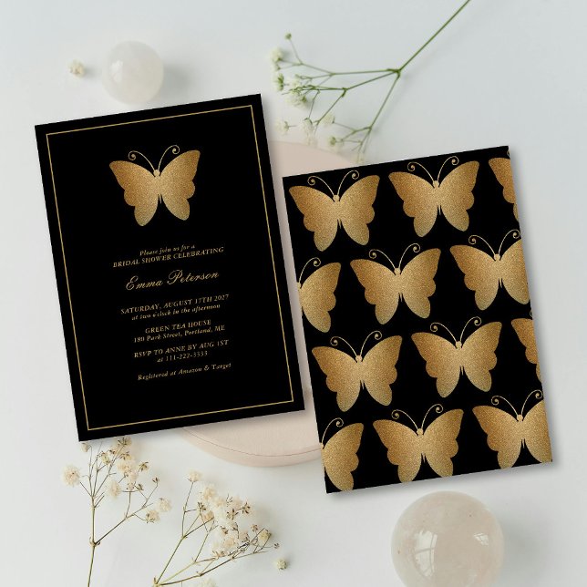 Convite Chá de panela de borboleta Dourada Elegante (Elegant Gold Glitter Butterfly Bridal Shower Invitation )