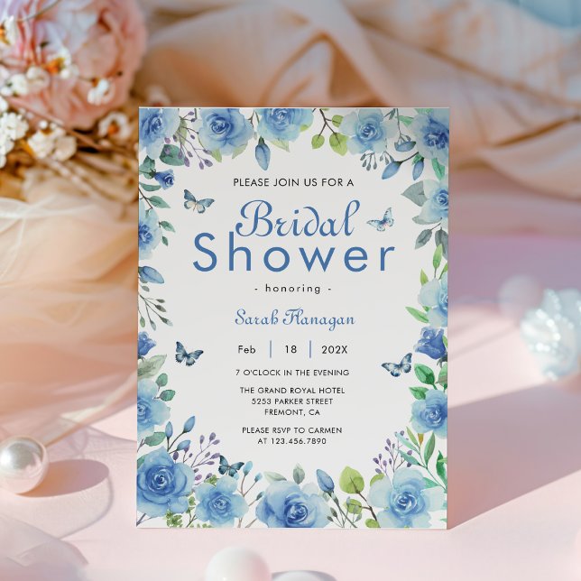 Convite Chá de panela de Borboleta Floral Azul Dusty (Watercolor Dusty Blue Floral Greenery Butterfly bridal shower)