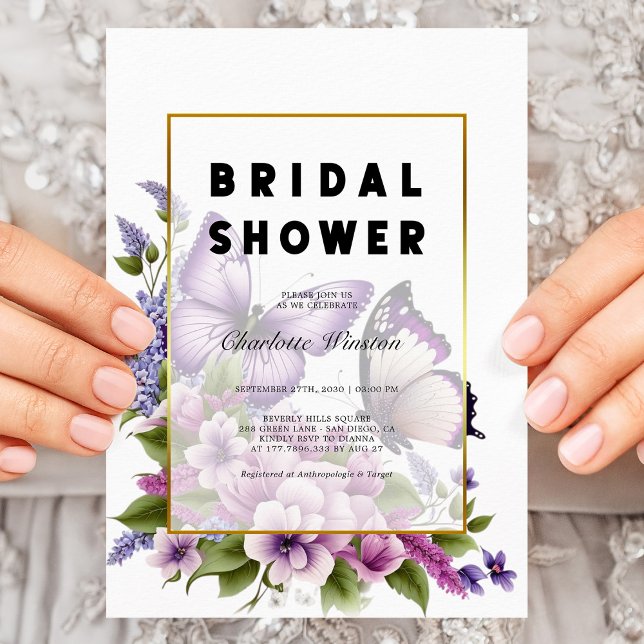 Convite Chá de panela de borboleta Floral Púrpura Elegante (Elegant Chic Purple Floral Butterfly Bridal Shower Invitation)
