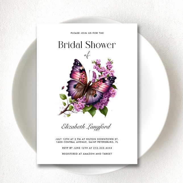 Convite Chá de panela de borboleta plana roxa personalizáv (Customizable Purple Floral Butterfly Bridal Shower Invitation)