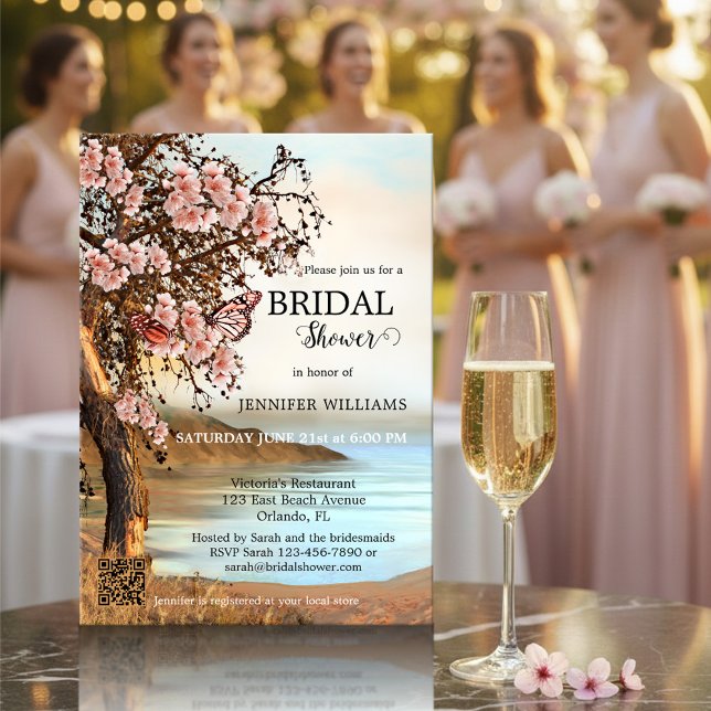 Convite Chá de panela de Borboleta Rosa de Cereja (Original bridal shower invitation featuring pink butterflies on a blossoming cherry tree at a lake)