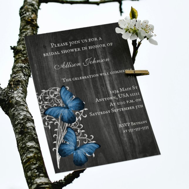 Convite Chá de panela de Borboleta Russa Azul Convidar (Blue Rustic Butterfly Bridal Shower Invitation)