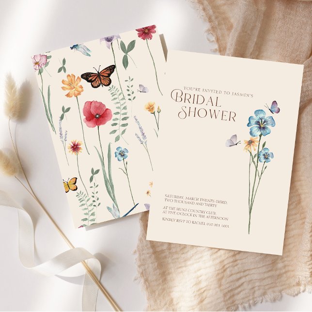Convite Chá de panela de Borboletas Azuis Simples (Simple Blue Wildflower Butterflies Bridal Shower Invitation)