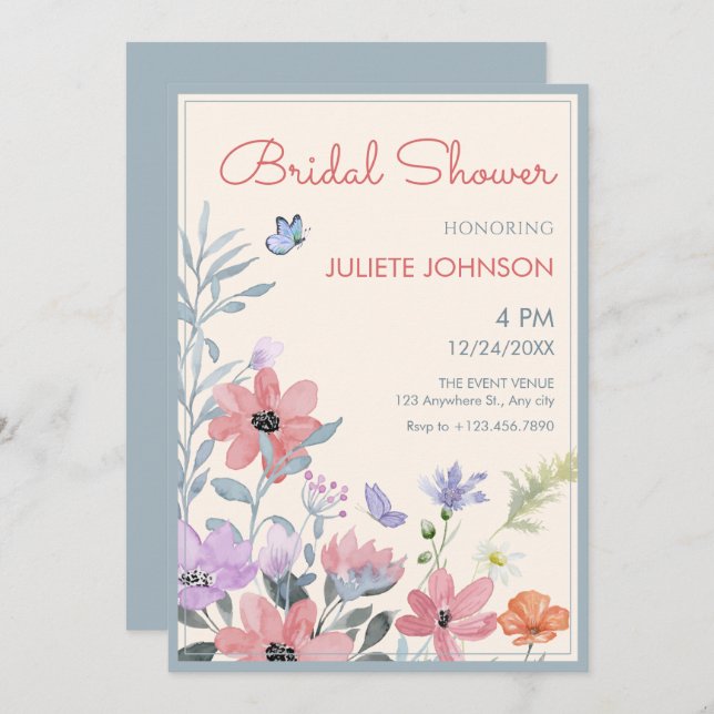 Convite Chá de panela de borboletas de flores pastosas de  (Frente/Verso)
