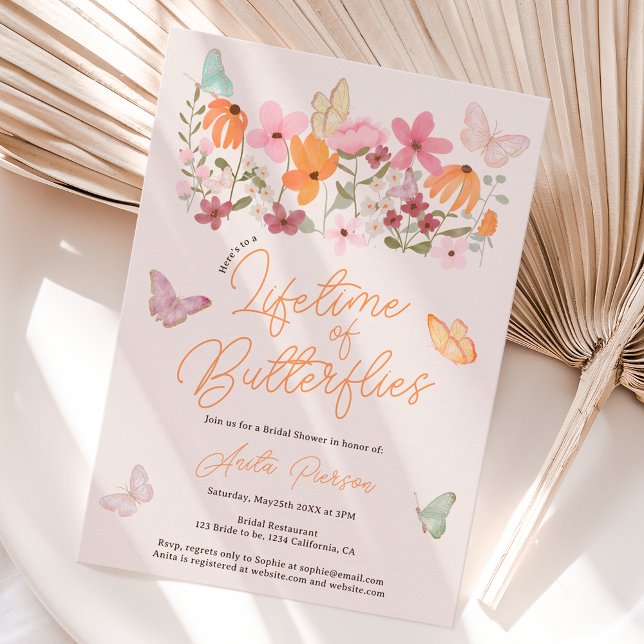 Convite Chá de panela de borboletas de flores silvestres (Boho blush wildflowers butterflies bridal shower invitation)
