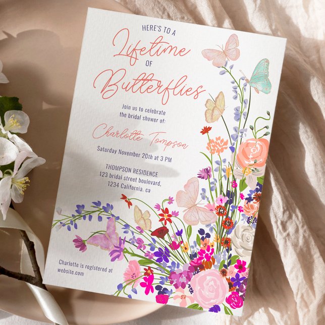 Convite Chá de panela de borboletas de flores silvestres B (Boho spring wildflowers butterflies bridal shower invitation)