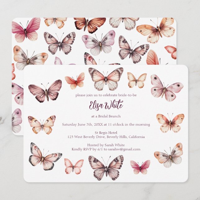 Convite Chá de panela de Borboletas Elegante PERSONALIZADO (Frente/Verso)