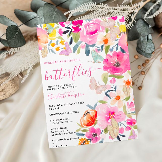Convite Chá de panela de borboletas florais de cor aquosa (Boho floral watercolor butterflies bridal shower invitation)