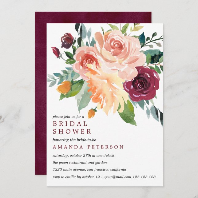 Convite Chá de panela de Borgonha Buquê de Sangue do País (Frente/Verso)