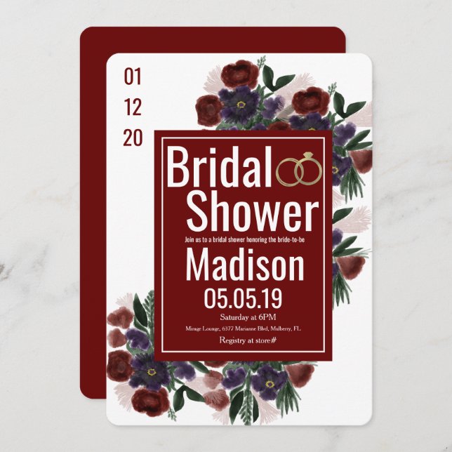 Convite Chá de panela de Borgonha de Buquê de Aquarela (Frente/Verso)