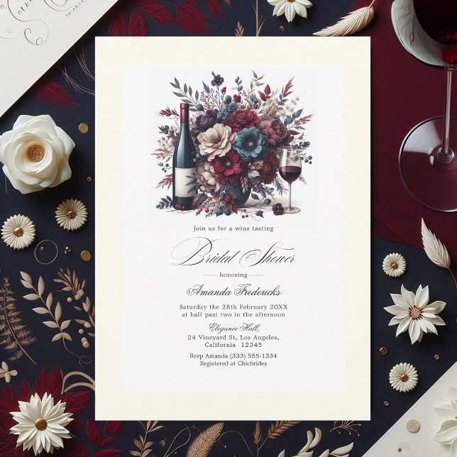Convite Chá de panela De Borgonha E Marinho (Burgundy & Navy Floral Wine-Themed Bridal Shower Invitation)
