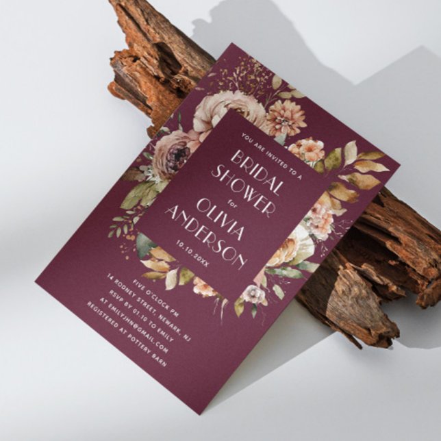 Convite Chá de panela de Borgonha Escura | Elegante Boho C (Criador carregado)