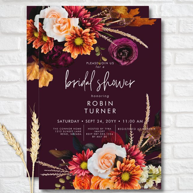 Convite Chá de panela de Borgonha Floral de Boho Dark (Dark Russet Boho Floral Burgundy Bridal Shower Invitation)