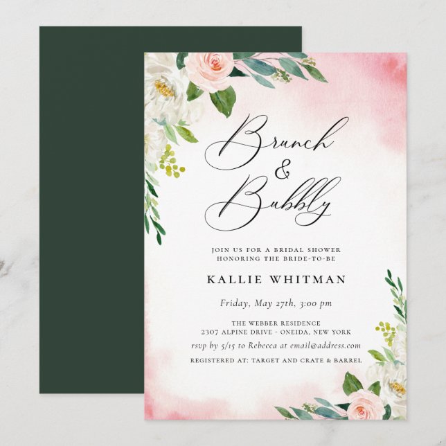 Convite Chá de panela de Brunch e Bubble Floral (Frente/Verso)