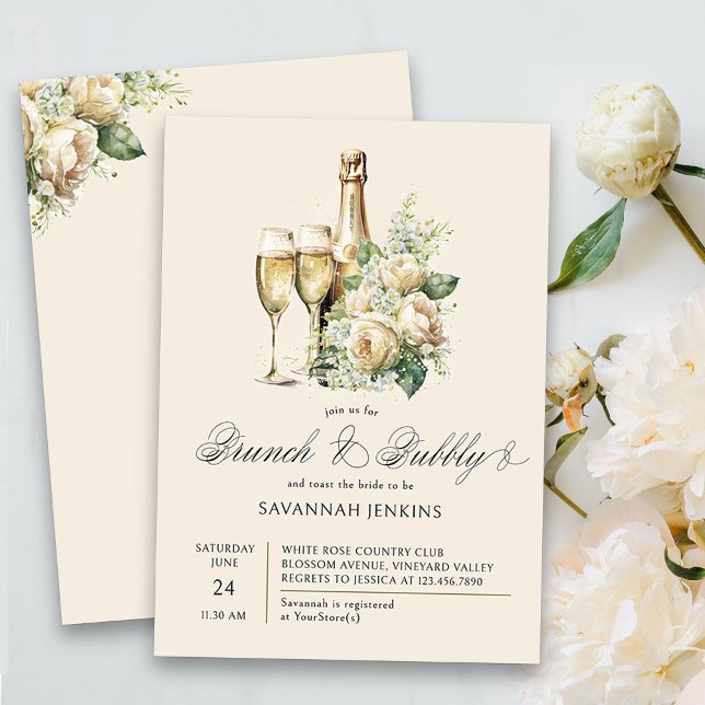 Convite Chá de panela de Brunch e Champanhe de Borracha (Brunch & Bubbly Champagne Bridal Shower Invitation on cream)