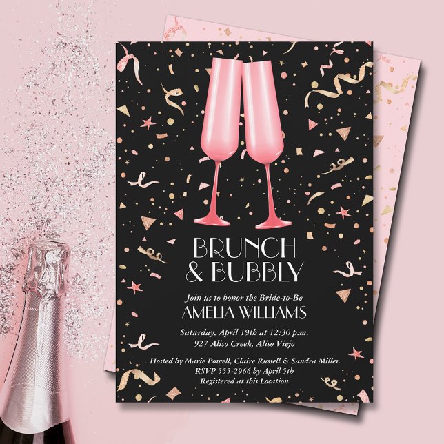 Convite Chá de panela de Brunch e Fluxos de Borracha (Brunch and bubbly pink champagne glasses and streamers on black bridal shower invitations)