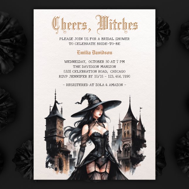 Convite Chá de panela de Bruxas de Gótico de Aquarela (Watercolor Goth Witch Halloween Bridal Shower Invitation)