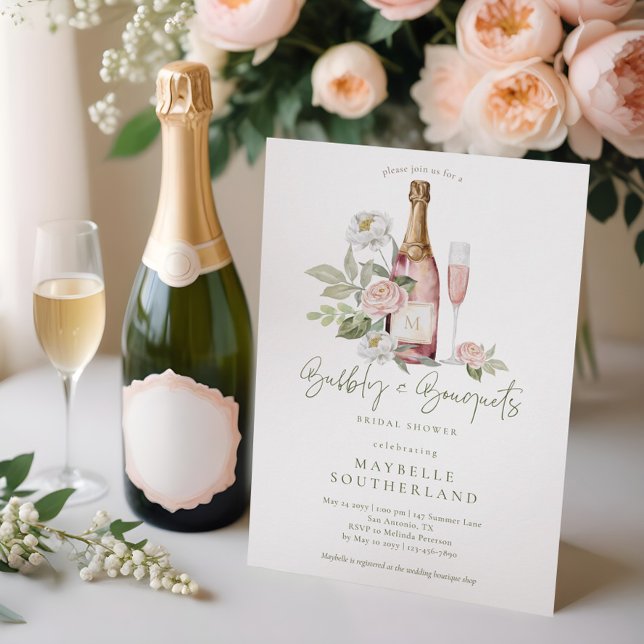Convite Chá de panela de Buquê de Aquarela Prosecco à Boca (Watercolor Pink Peony Floral Blossom Bridal Shower Invitation)