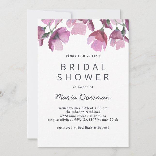 Convite Chá de panela de buquê de aquarela violeta floral (Frente)