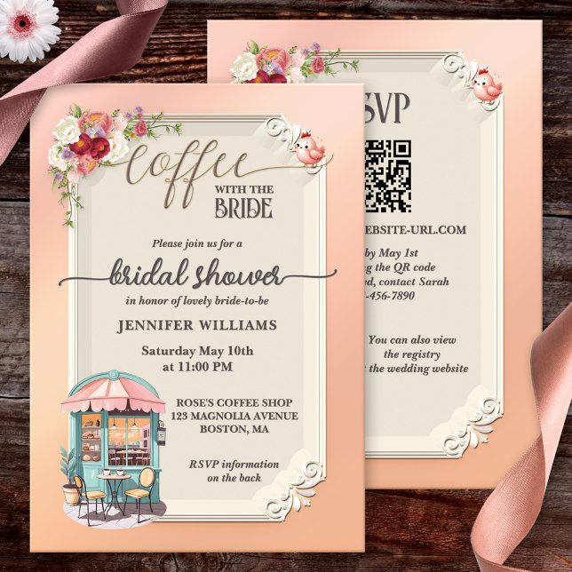 Convite Chá de panela de Café Rosa (Cute bridal shower invitation featuring a girly design with a coffee shop with flowers )