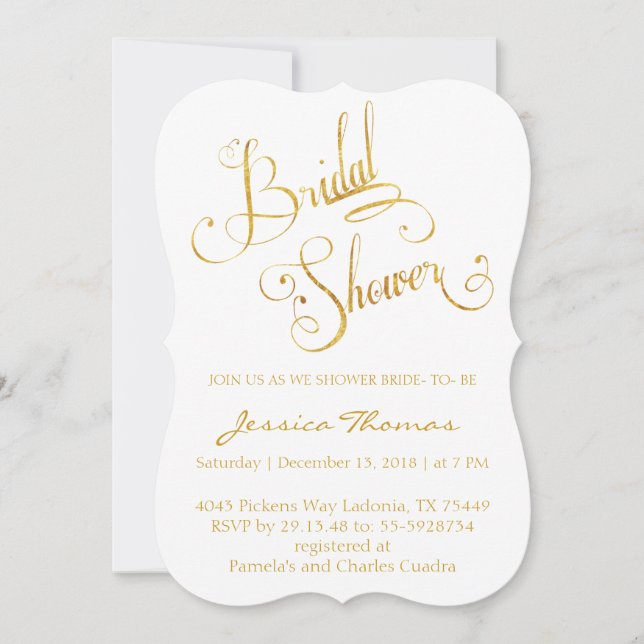 Convite Chá de panela de Caligrafia Dourada com brilho (Frente)