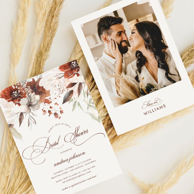 Convite Chá de panela de Caligrafia Floral de outono de Fo (Criador carregado)