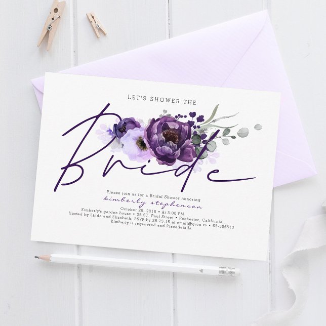 Convite Chá de panela de Caligrafia Floral Roxo (Purple Flowers Boho Bridal Shower Invitations)