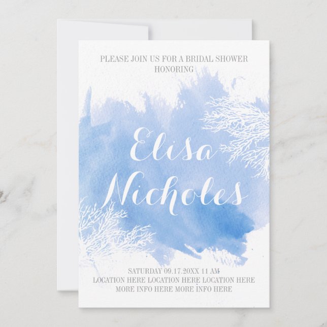 Convite Chá de panela de casamento azul de recife de coral (Frente)