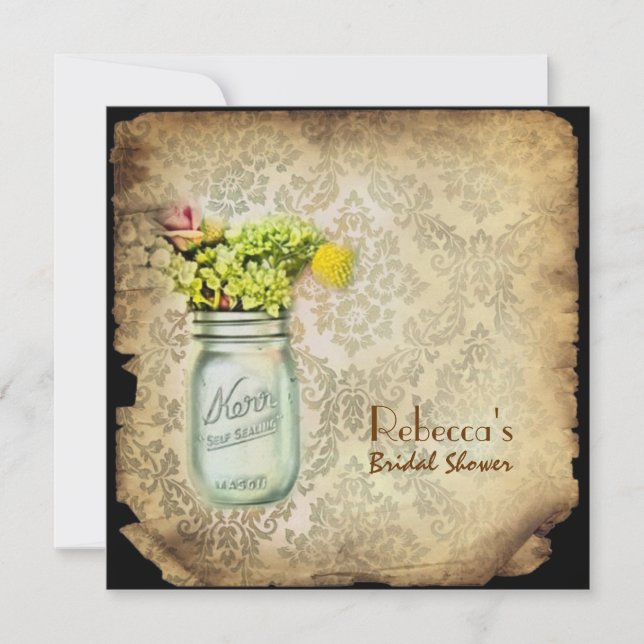 Convite chá de panela de casamento damask mason jar (Frente)