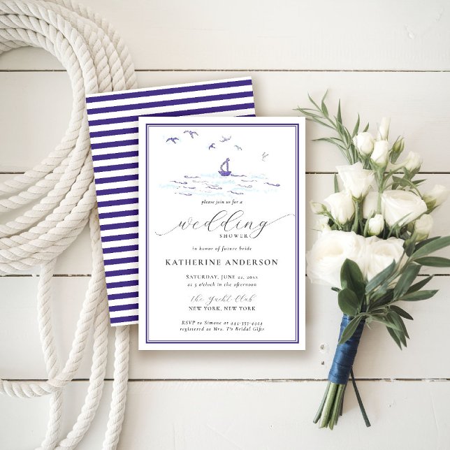 Convite Chá de panela de Casamento de Barcos de Ondas Náut (nautical wedding shower invitation bridal coastal ocean beach waves boat birds modern elegant)