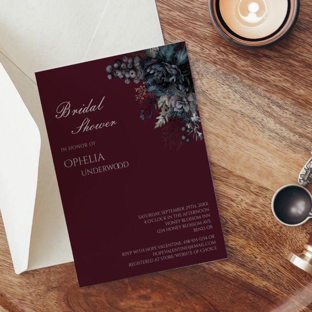 Convite Chá de panela De Casamento De Borgonha Floral Dark (Criador carregado)