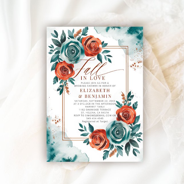 Convite Chá de panela de Casamento de Moldura Laranja de A (fall in love wedding shower invitation teal burnt orange terracotta watercolor calligraphy floral)